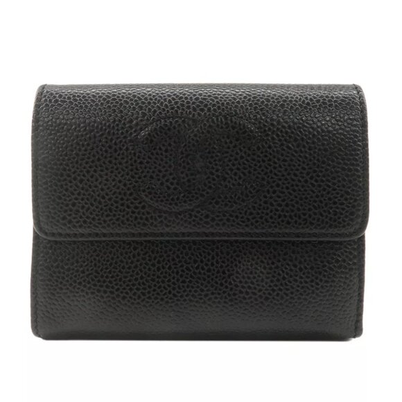 Auth CHANEL Caviar Skin Coco Mark Tri-fold Wallet Black - Picture 1 of 16